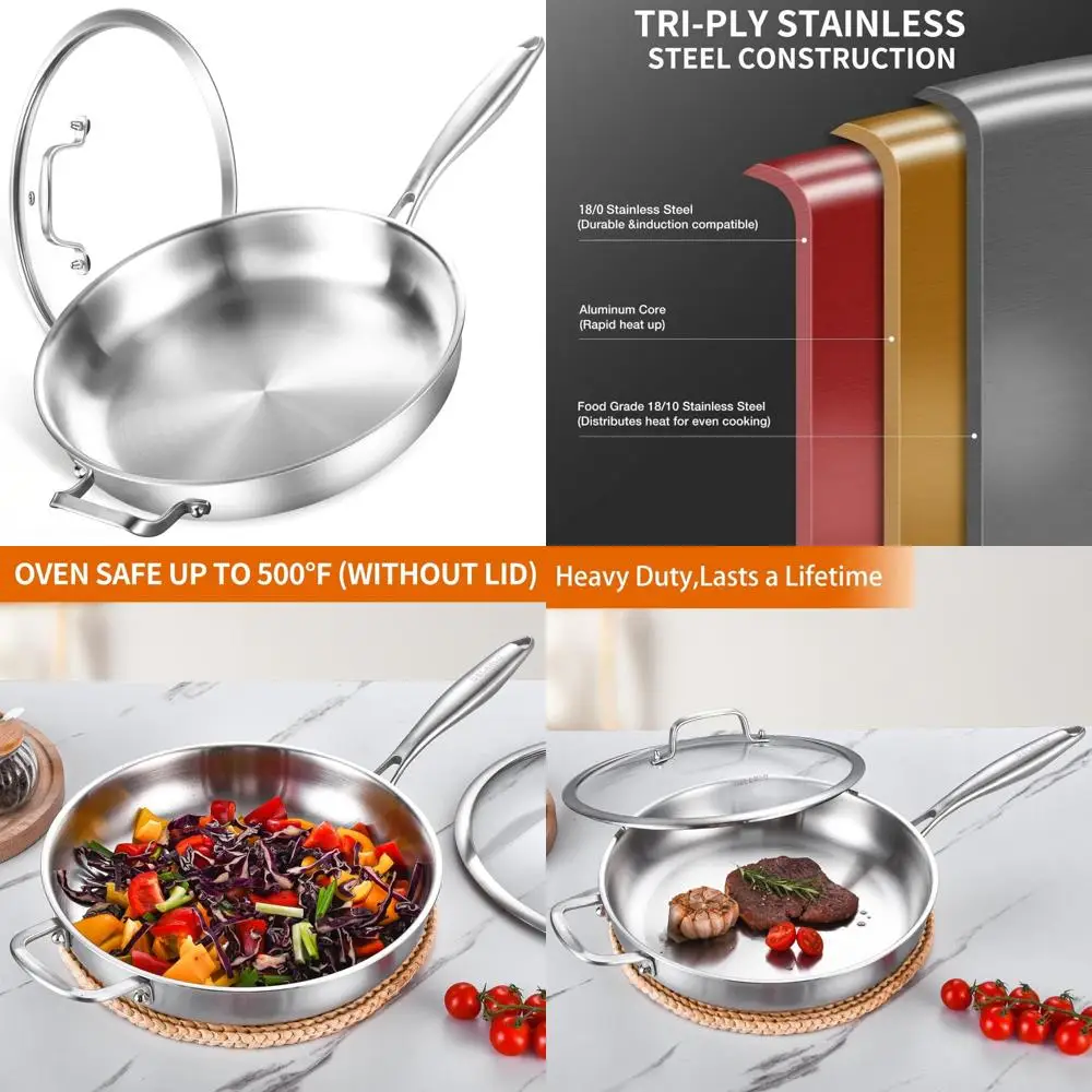 

14-Inch Heavy Duty Stainless Steel Frying Pan with Lid, Compatible for Induction, Gas, and Electric Cooktops, Large Size for Fam