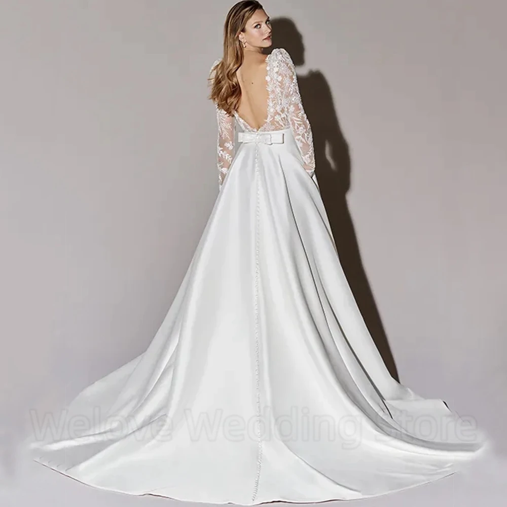 Exquisito vestido de novia de manga larga con cuello redondo, apliques de tul de ilusión, espalda abierta Sexy con lazo y botones, vestidos de tren de barrido