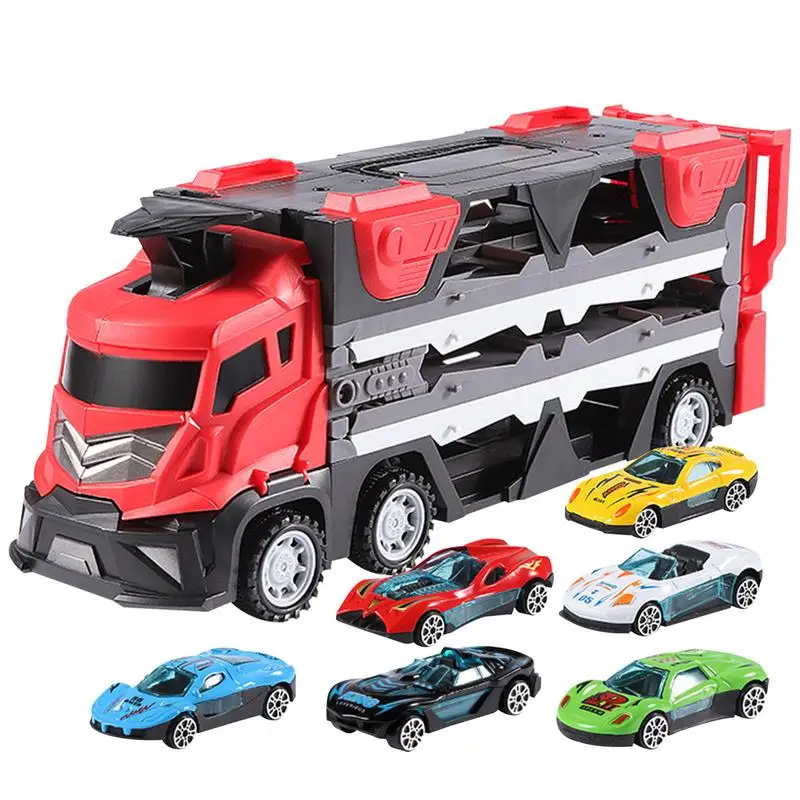 Mega Hauler Truck with Ejection Race Track Foldable Transport Truck Car Toy Deform Catapulting Toy Car Hauler with 6 Racing Cars