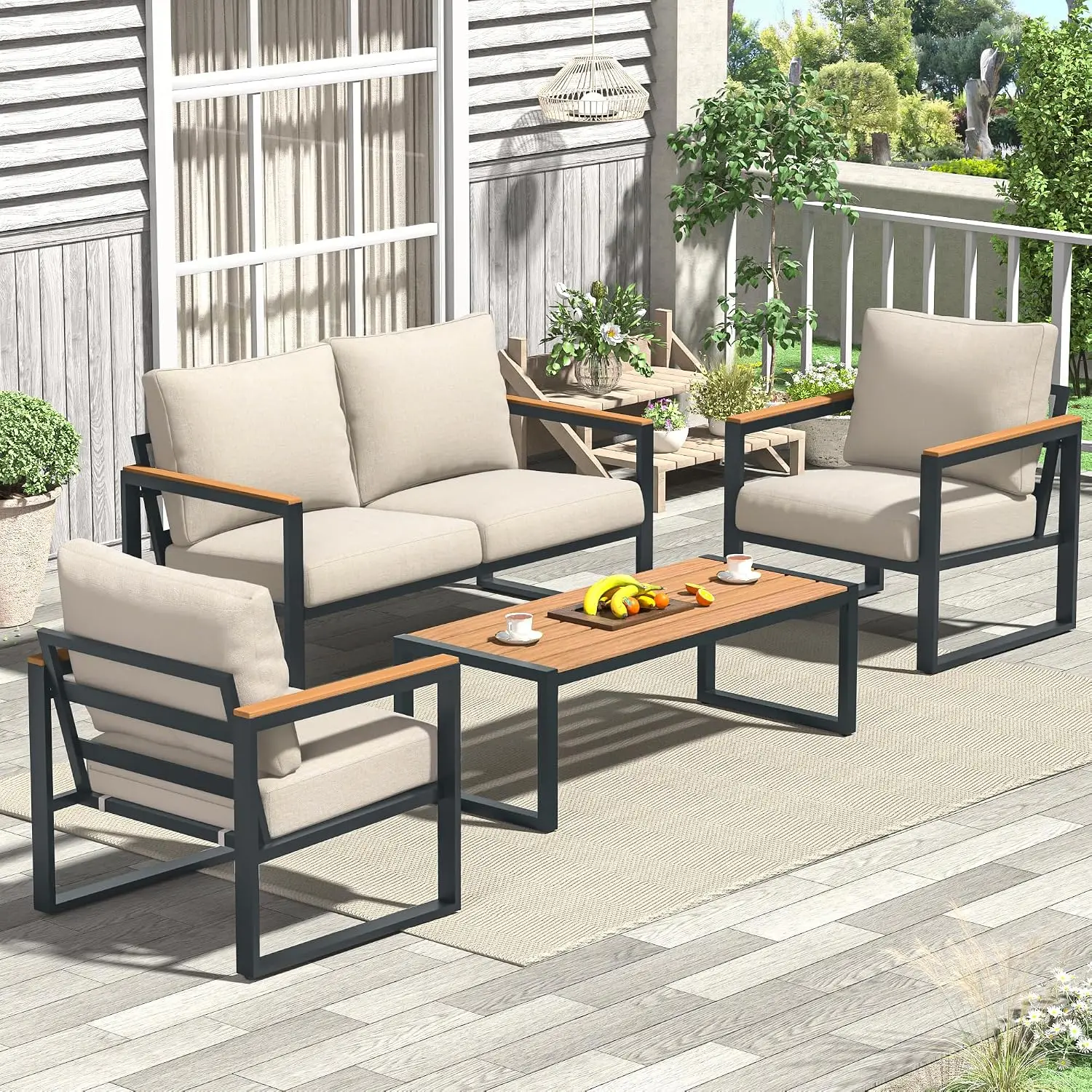 4 Pieces Metal Patio Furniture Set for Outdoor Balcony, Beige 350LBS,With Coffee Table,Removable Cover,Water-Resistant