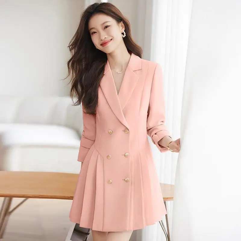 2-A102  Pink suit dress women's spring and autumn 2024 new style high-end temper small high-end professional pleated skirt