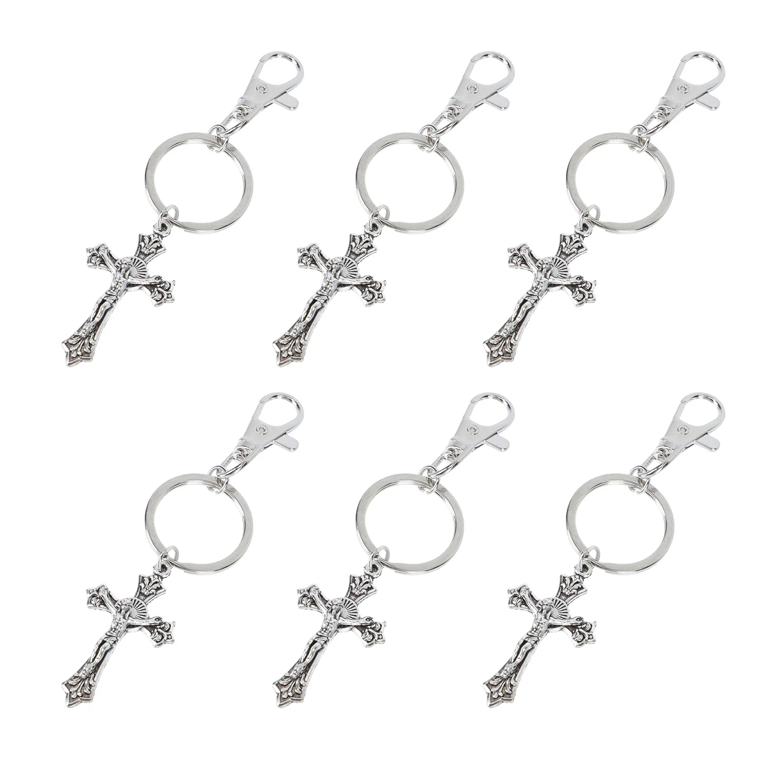 

6PCS Keychain Religious Crucifix Decorative Keyring Silver Jesus Pendant Hooks Fashionable Bag Charm