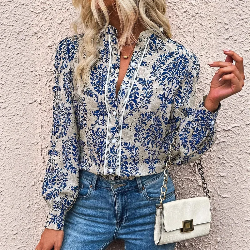 

Женские осенние повседневные рубашки с длинными рукавами и принтом для отпуска