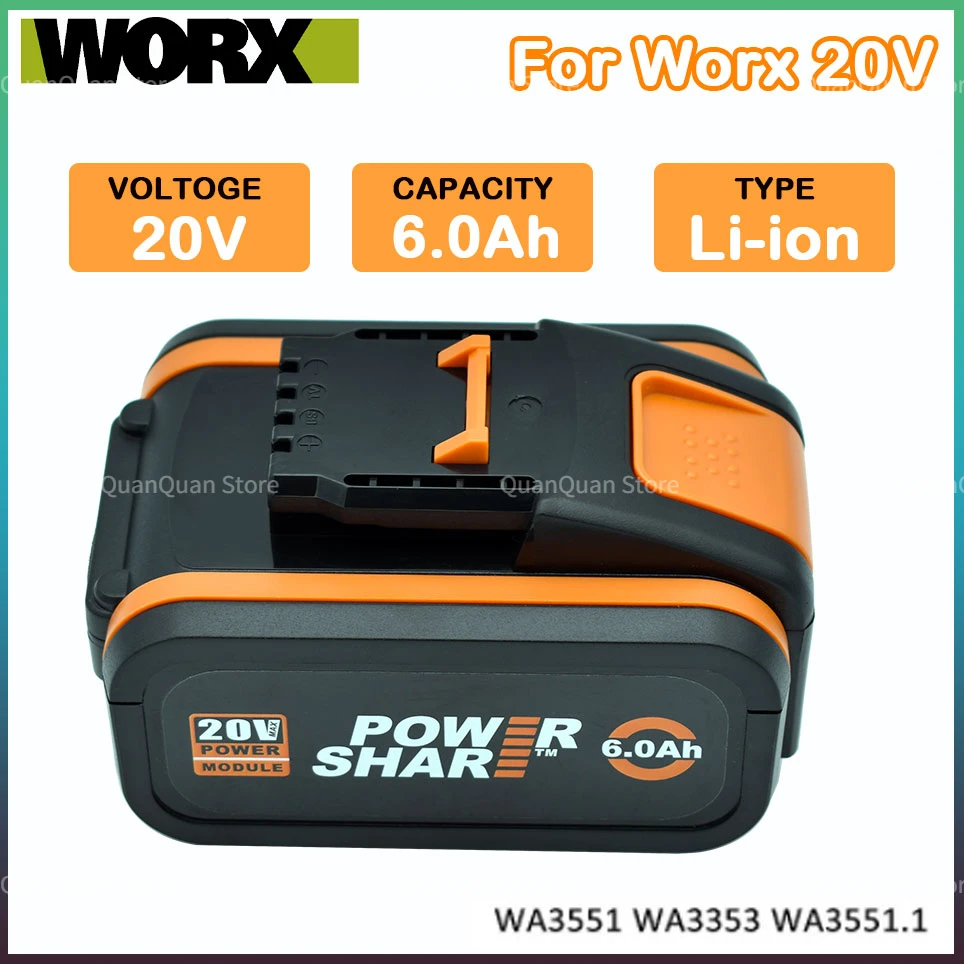 Worx 20V 6.0Ah Lithium battery Rechargeable WA3553 WA3551 WA3553.1 WA3570 for All WORX Electric and Garden Tools