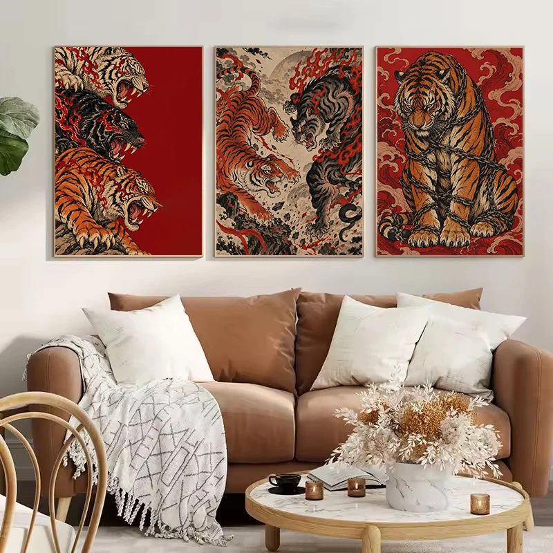 Vintage Japanese Ukiyo-e Fighting,Roaring,Futuristic Robot Tigers Animals Poster Canvas Painting Wall Art Pictures Home Decor