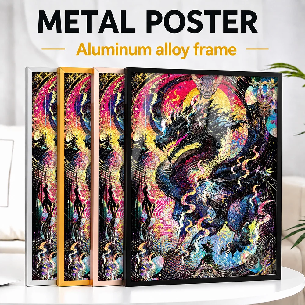 Psychedelic Dragon Fantasy Framed Metal Poster Personalized Epic Creature Aesthetic Wall Art For Gamers Decorating Game Room