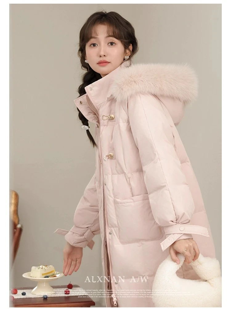 ALXNAN Women's Winter Down Jacket 2025 Winter Pink Thick Warm Jacket 90 White Duck Down Real Fur Collar Hooded Coats LXN329119