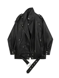 Chaqueta de cuero de longitud media para mujer, abrigo de cuero Pu, modelos de motorista, Y2K, nuevo