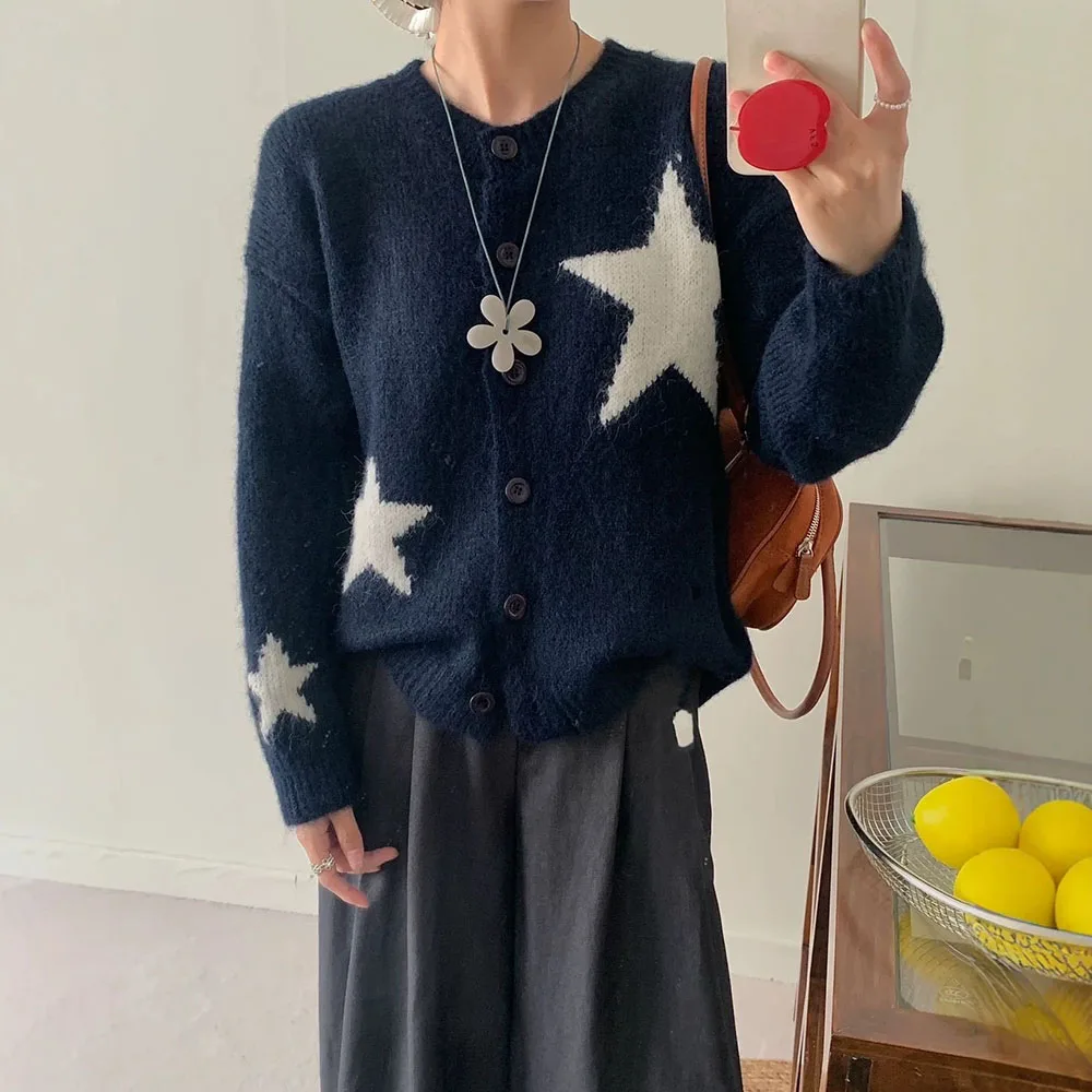 Star Pattern Women Cardigan Single Breasted Knit Top Minimalist Sweater Coat Casual Style Daily Loose Outwear For Ladies