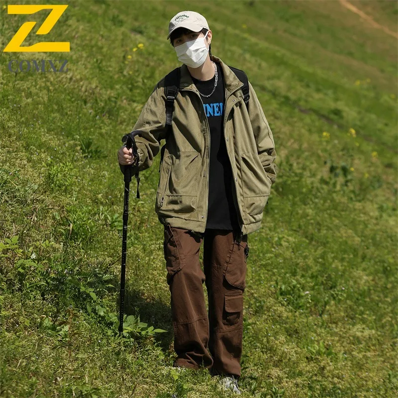 COMXZ 2023 Mens Trendy Jacket Spring Autumn Casual Coat Fashion Solid Color Stand Collar Outerwear Lightweight