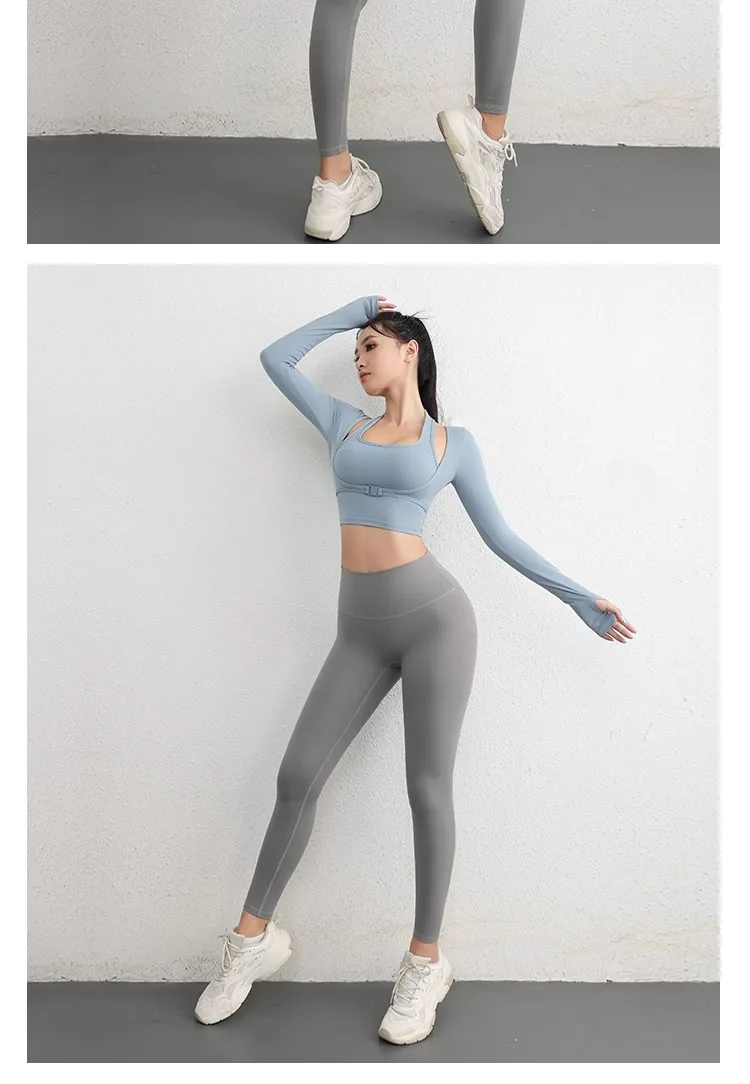 Herbst Sport Damen Oberteile Modische Langarm-Trainings-Tops mit Daumenlöchern Fitness Crop Yoga-Top – Detail 24