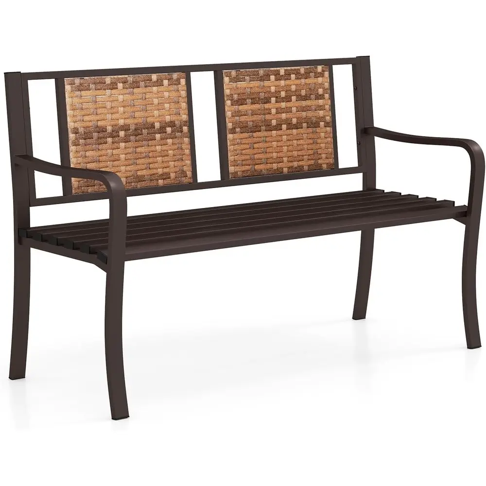 

Metal Outdoor Bench with Rattan Backrest and Curved Armrests, Ideal for Patio, Garden, and Porch, Seats 2-3