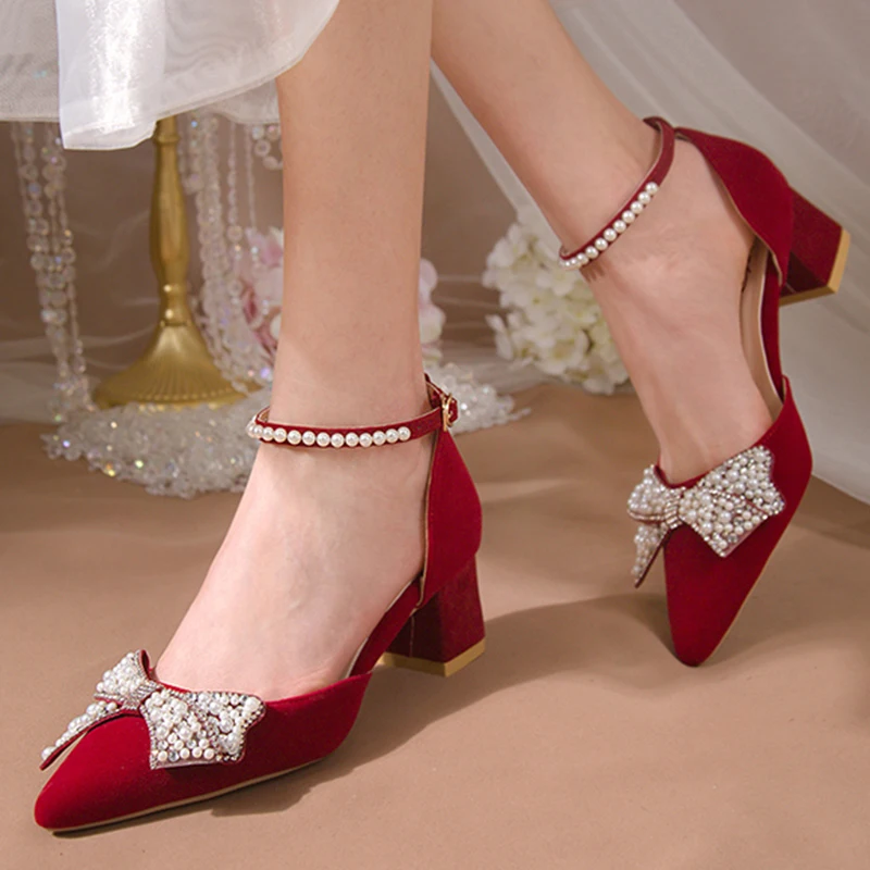 Maogu 2023 Pearl Bowtie Ankle Strap High Heels Shoes Woman Beige Red Bling Crystal Wedding Shoes Elegant Med Heels Women\'s Pumps