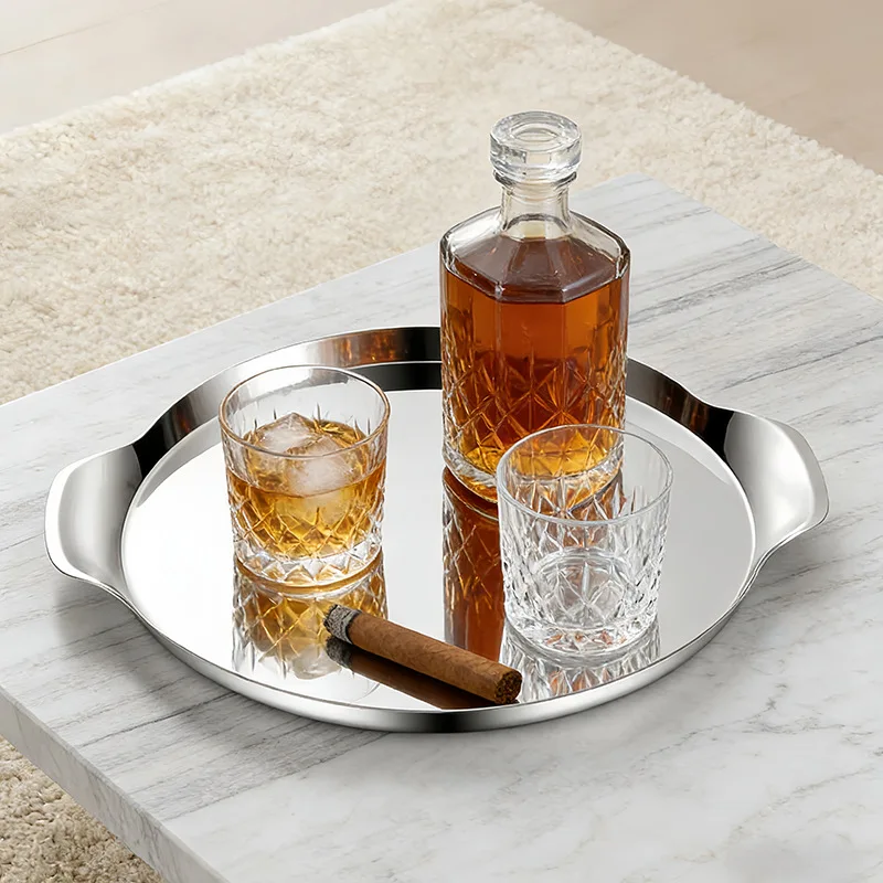 

Luxury Stainless Steel Round Tray Western Nordic Household Food Plate Wine Set Kettle Tray Desktop Decoration Organization Trays