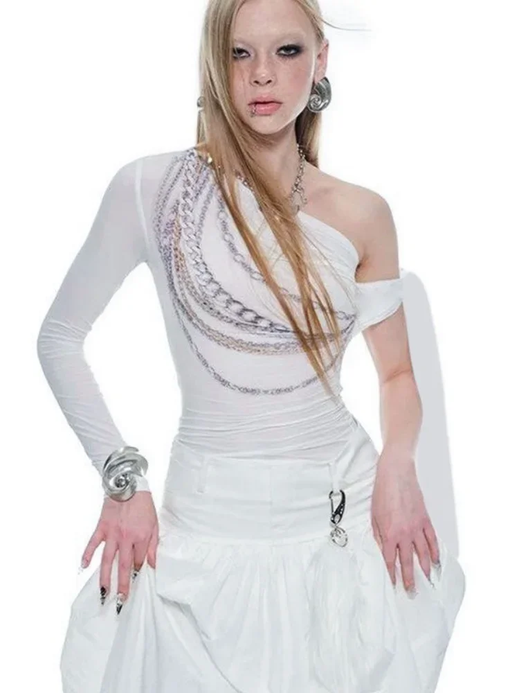 Inclined Collar T Shirts For Women Y2k Clothes Chain Printed Tops Bandage Sleeve Camisetas Slim Fit Ropa De Mujer Club Outfit