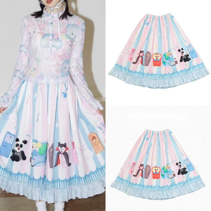 

Striped Candy Y2K Dresses Cartoon Color Half Skirt Women Cute Hand Drawn Printed Animal Tooth Extraction Girl A-line Dress New