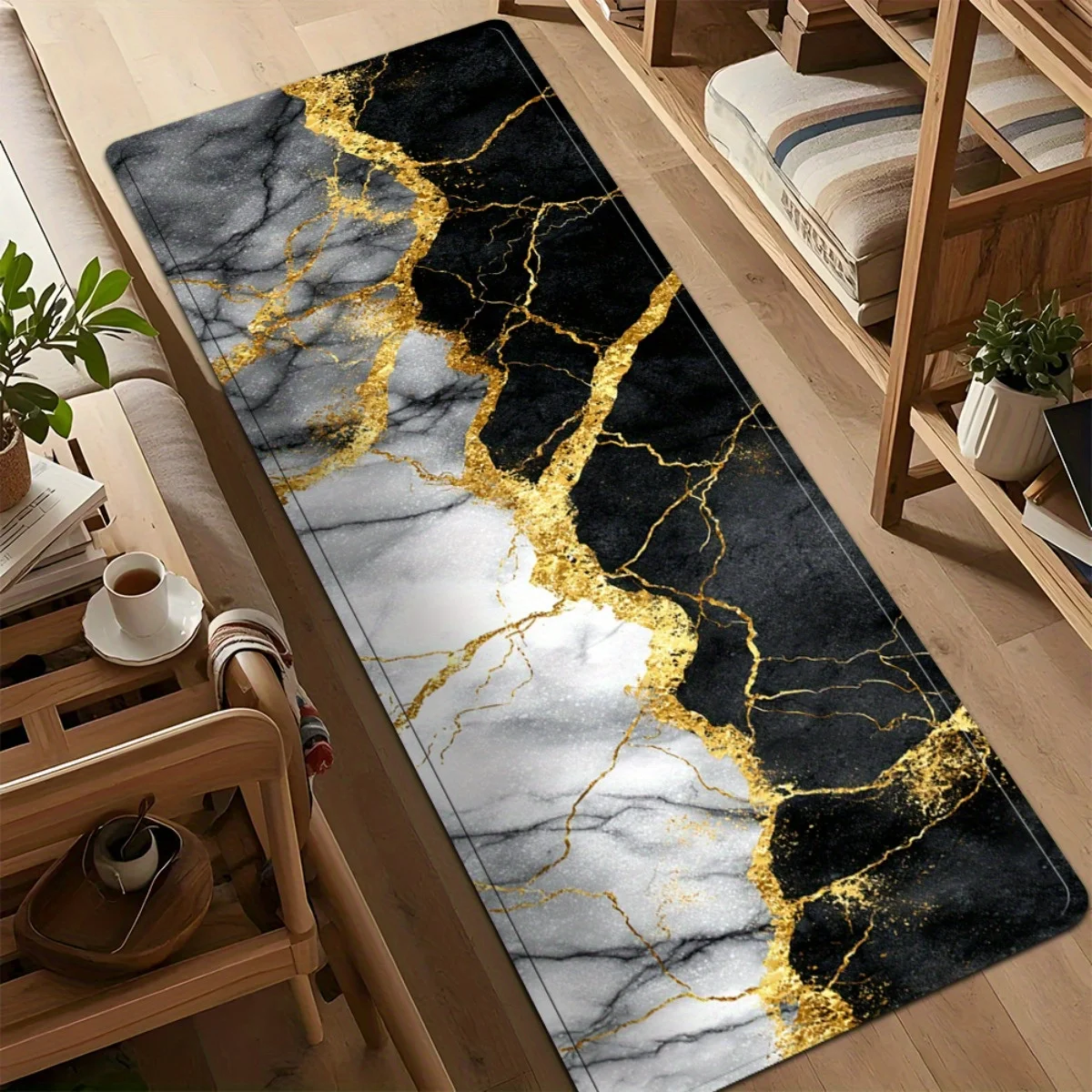 

Elegant Marble Themed Kitchen Long Mat, Non-Slip Washable Runner Rug with Black White Gold Print for Bathroom, Kitchen, Living