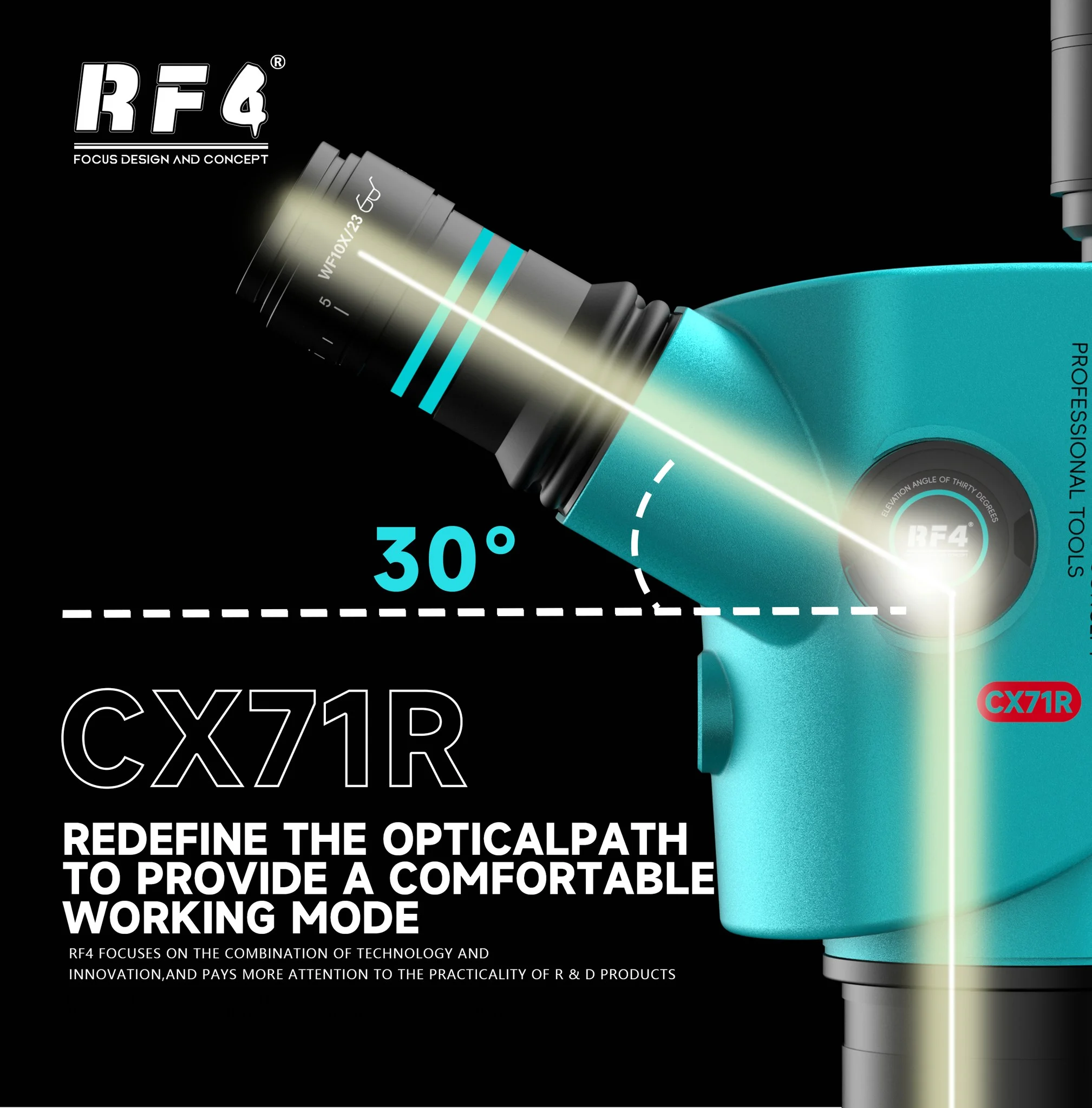 

Микроскоп RF-CX71R 6.5*65X: более удобный угол обзора для защиты шеи, 30 градусов/широкий диапазон четкости изображения