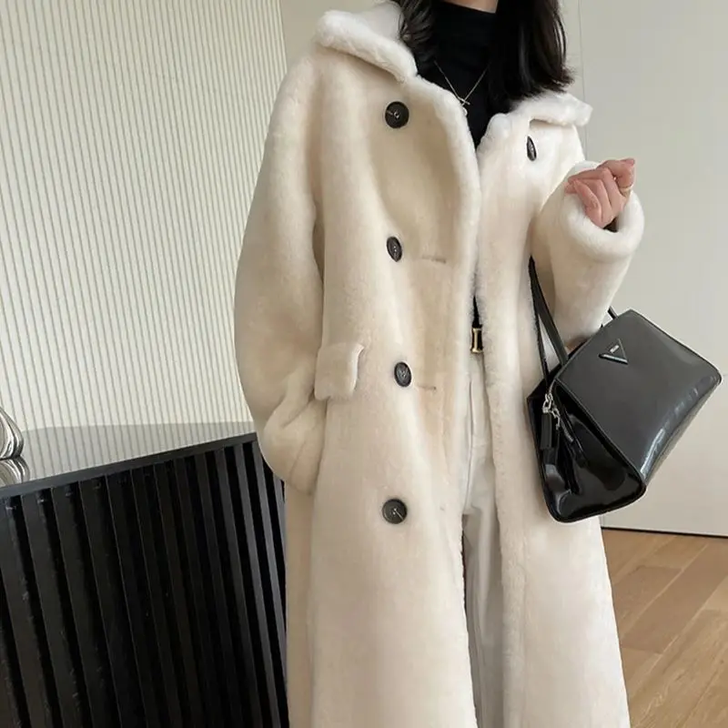 Women Casual Elegant Loose Coat Chic Solid Overcoat Female Fashion Fall Winter 100% Shearling Outerwear Oversized GT6416