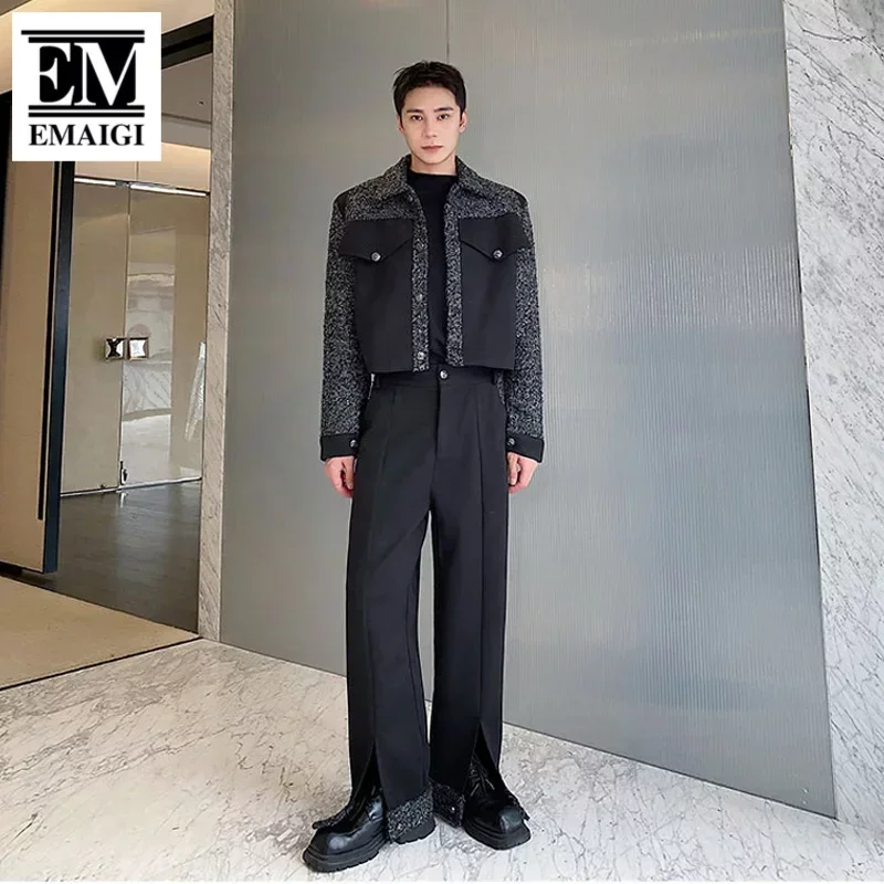 Men 2 Piece Sets Autumn Winter Short Coat Pants Korean Streetwear Fashion Vintage Splice Wool Thicken Jacket Pant Suits for Men