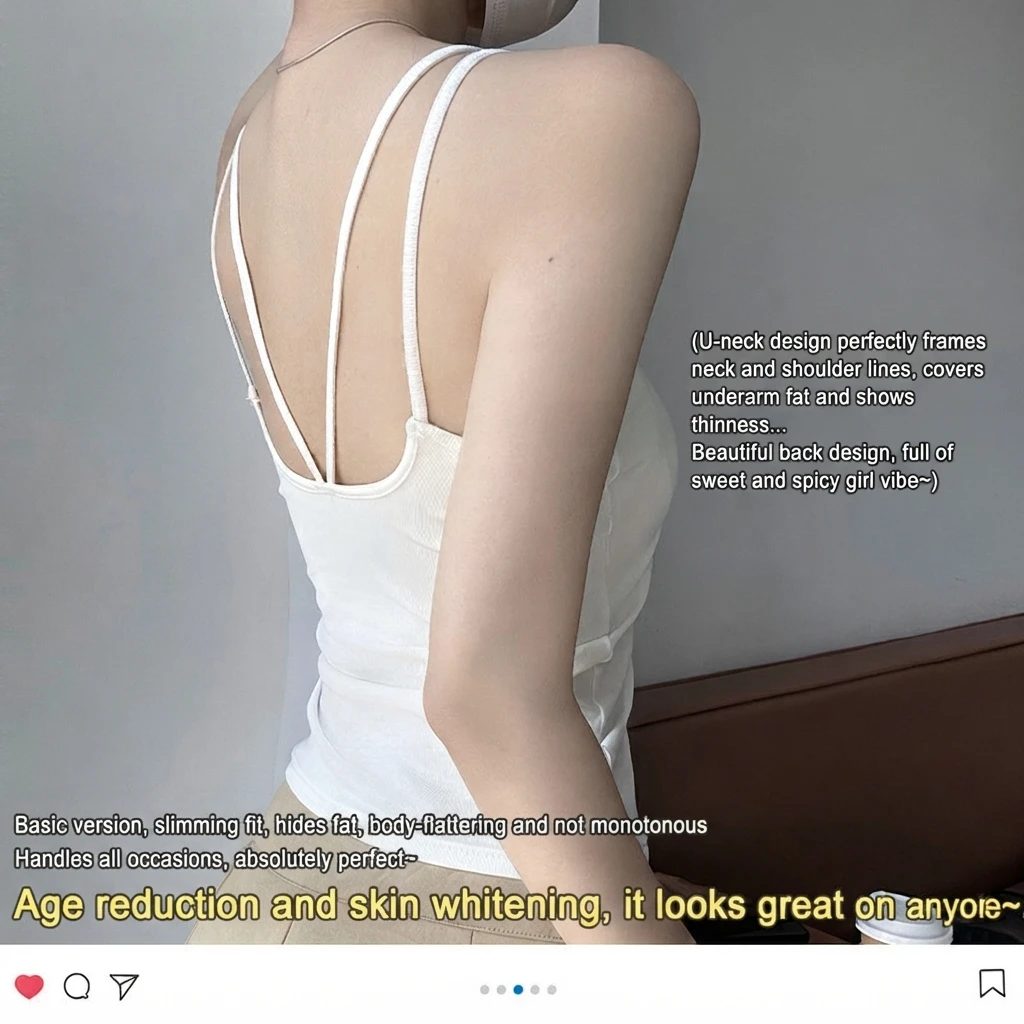 Women Halter Vest with Chest Pad U Back Solid Color Cotton Slim Fit Sleeveless Camisole Summer Inner Outer Bottoming Top