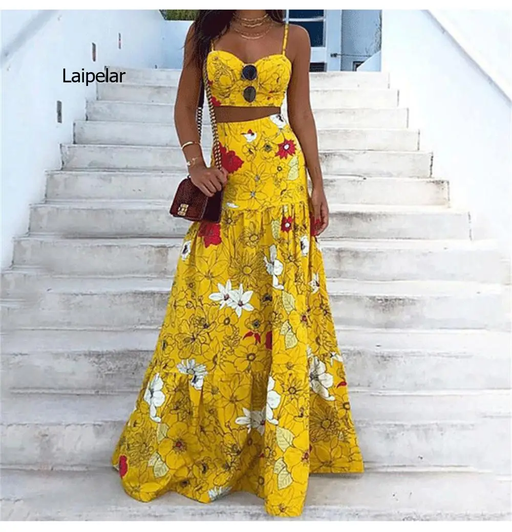 

Bohemian big flower print wrap chest straps cropped navel skirt long skirt two-piece suit seaside vacation beachwear