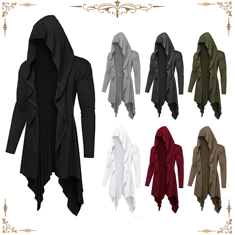 Men's Medieval Vintage Hooded Coat Thin Pleated Cardigan Daily Casual Gothic Coat New Size S-2XL