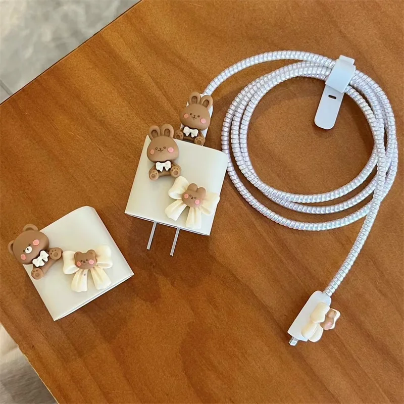 Korea Cartoon Cute Bow Rabbit Charger Cover For IPhone 13 14 15 18W-20W Soft Charge Protection Cover Charger Sleeve Accessories