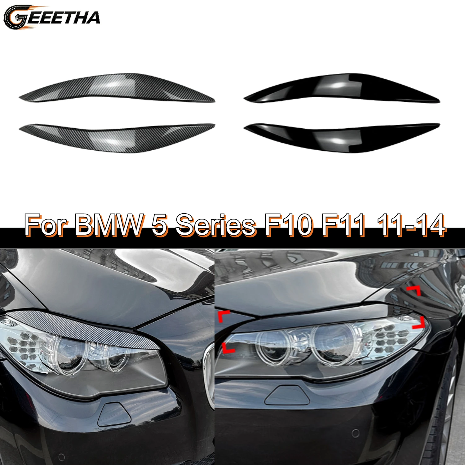 

2Pcs Car Front Headlight Eyelids Eyebrow Cover Trim For BMW 5 Series F10 F11 2011 2012 2013 2014 Glossy Black/Carbon Fiber