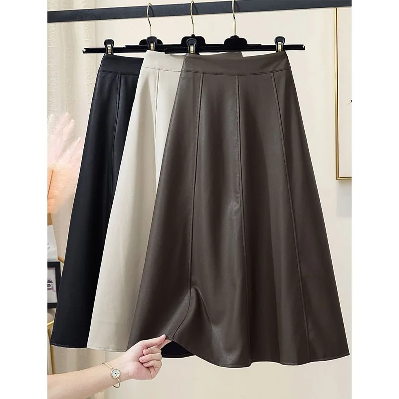 Autumn Winter Temperament A-Line Women Leather Skirt Fashionable Solid Color Bright Line Decoration Midi Skirts Female Clothing