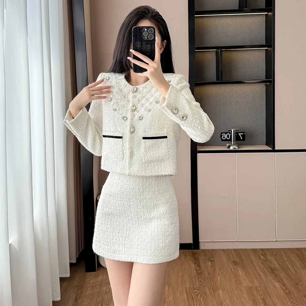 Women 2025 Autumn Winter Embroidery Diamond Beads Fashionable Sets Female Coat+Skirts White Suits