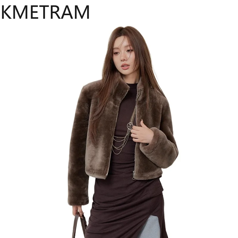 

Двусторонняя меховая куртка из натуральной меховой шерсти мериноса, женская модная короткая шуба с воротником-стойкой, зимняя женская одежда 2025