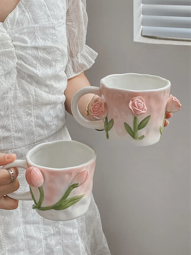 

Mug Ceramic Hand-Painted Tulip Rose Three-Dimensional Flower Decoration High-Grade Hand Gift Water Cup Study Desktop NordicStyle