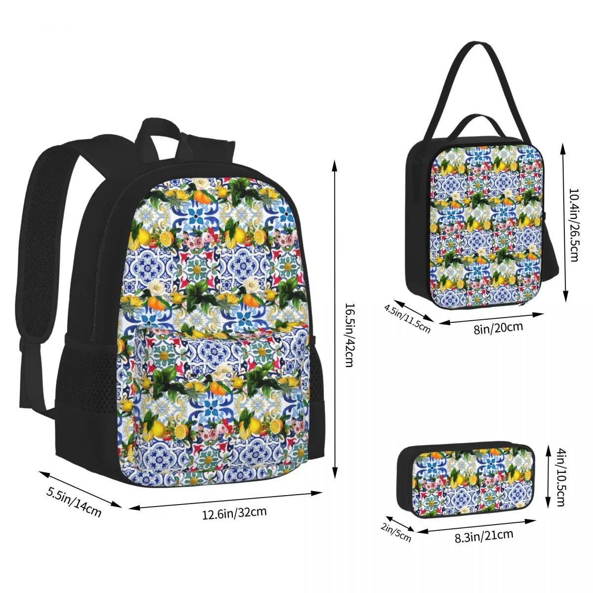 Sicilian Tiles,mediterranean,mosaic,lemons Backpacks Bookbag School Bags Kids Rucksack Lunch Bag Pen Bag Three-Piece Set