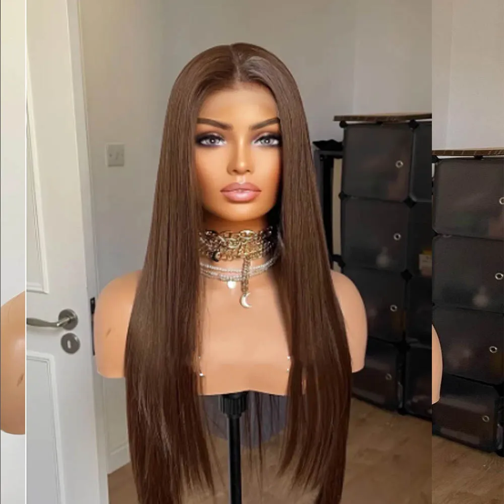 

Шелковые прямые длинные коричневые бесклеевые мягкие 5x5 шелковая основа еврейские человеческие волосы с детскими волосами HD кружевные европейские волосы предварительно выщипанные