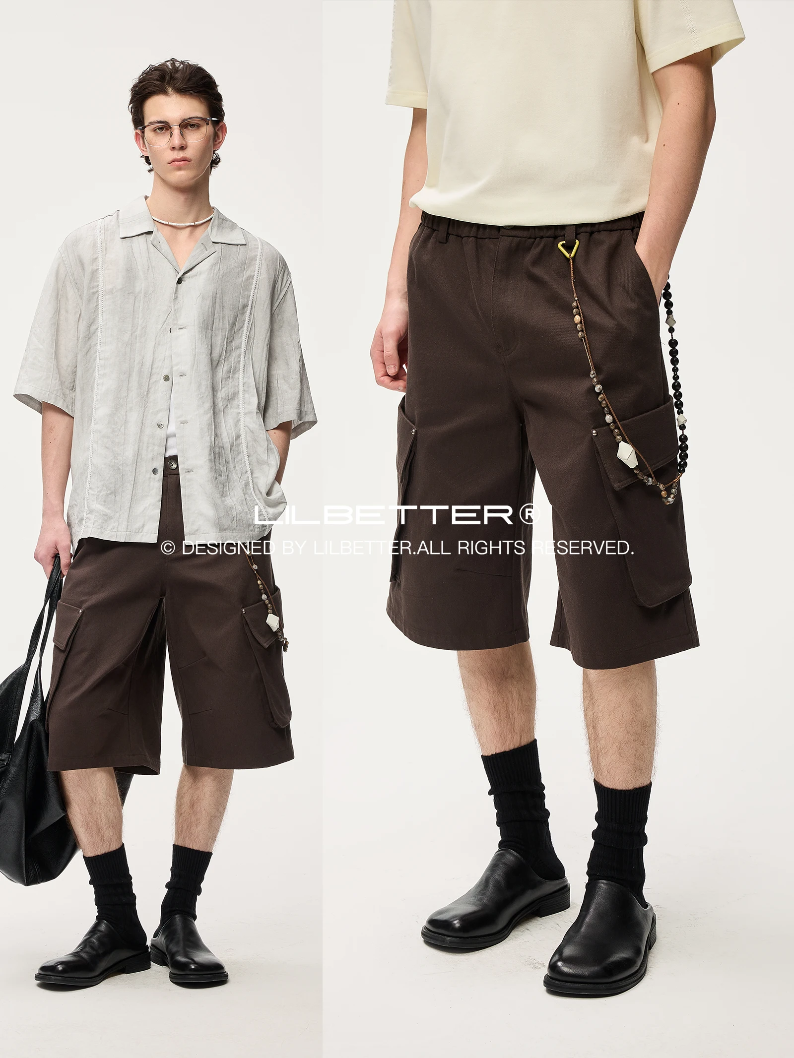 Lilbetter Men's Cotton Workwear Casual Pants Multi-Pocket Straight Leg Washed Vintage Elastic Waist Seven-Foot Summer Shorts