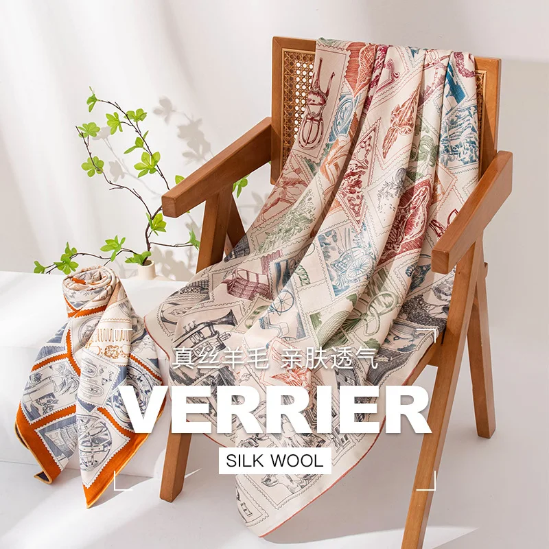 Silk wool scarf, light luxury high-end hand-rolled double-sided scarf, philatelic orange-edged large square scarf gift box