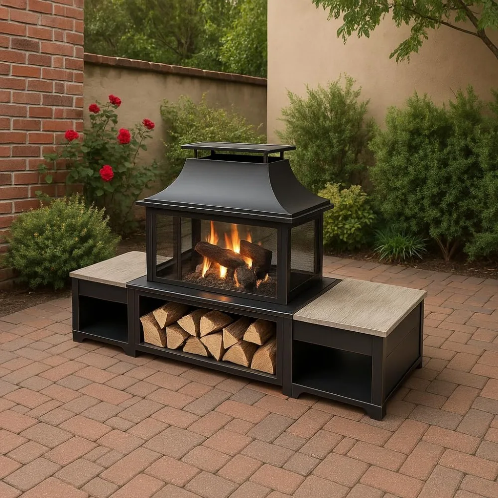 80 Inch Metal Wood Burning Fire Pit with Side Storage Tables Smokeless Outdoor Patio