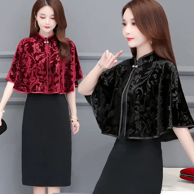 Gold Samt Schal High-End Cheong sam Schal Frauen ärmellose Jacke Mddle Alter Mutter Print Mantel kurze kleine Umhang weibliche Tops