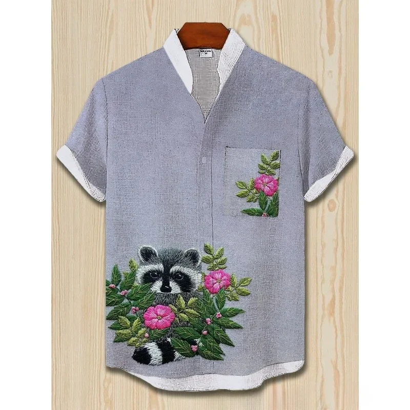 Men's Peekaboo Raccoon Print Casual Shirt Harajuku Cool Streetwear Hipster Button Down Shirts Short Sleeve Vintage Clothing