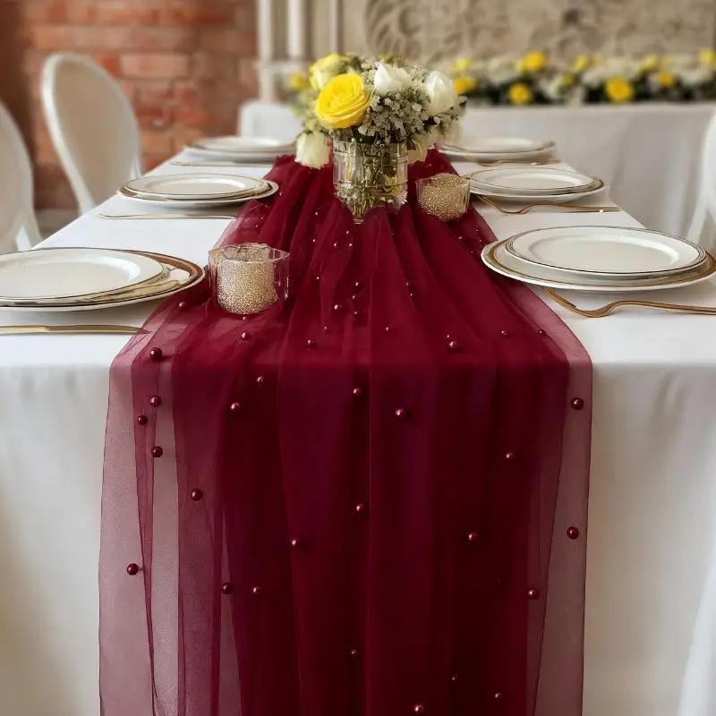 Beaded Pearl Gauze Net Table Decor 80x200cm Elegant Ornament for Birthday Party Home Dining Table Table Flag Wedding Decor