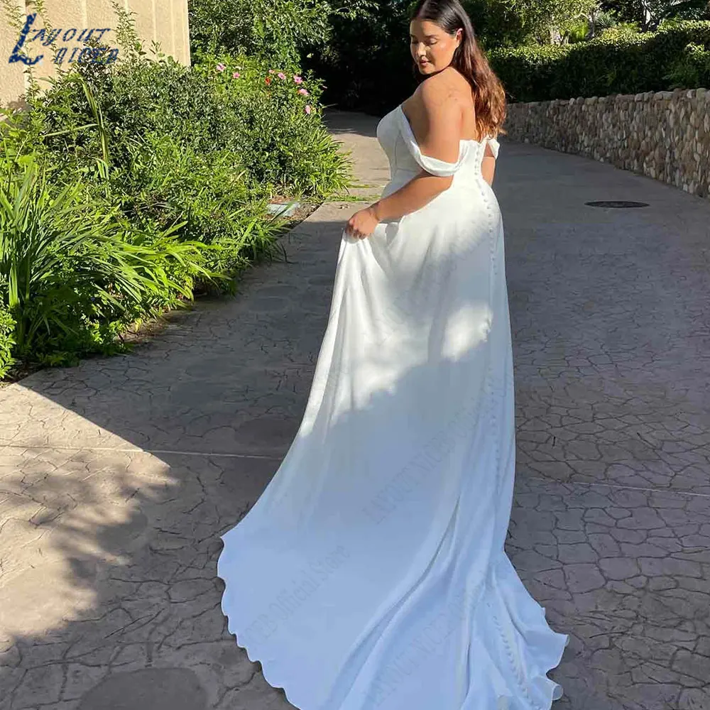 LAYOUT NICEB Plus Size Off Shoulder O-Neck Bride Dresses Short Sleeves Satin Wedding Gowns Backless Buttons vestidos de novia