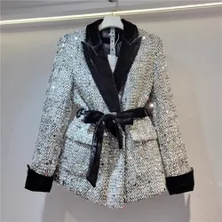 2023 Winter New Elegant Fashion Sequins Lace up Down jacket Thickened woolen Blazer for women Warm Female Outwear Y4715