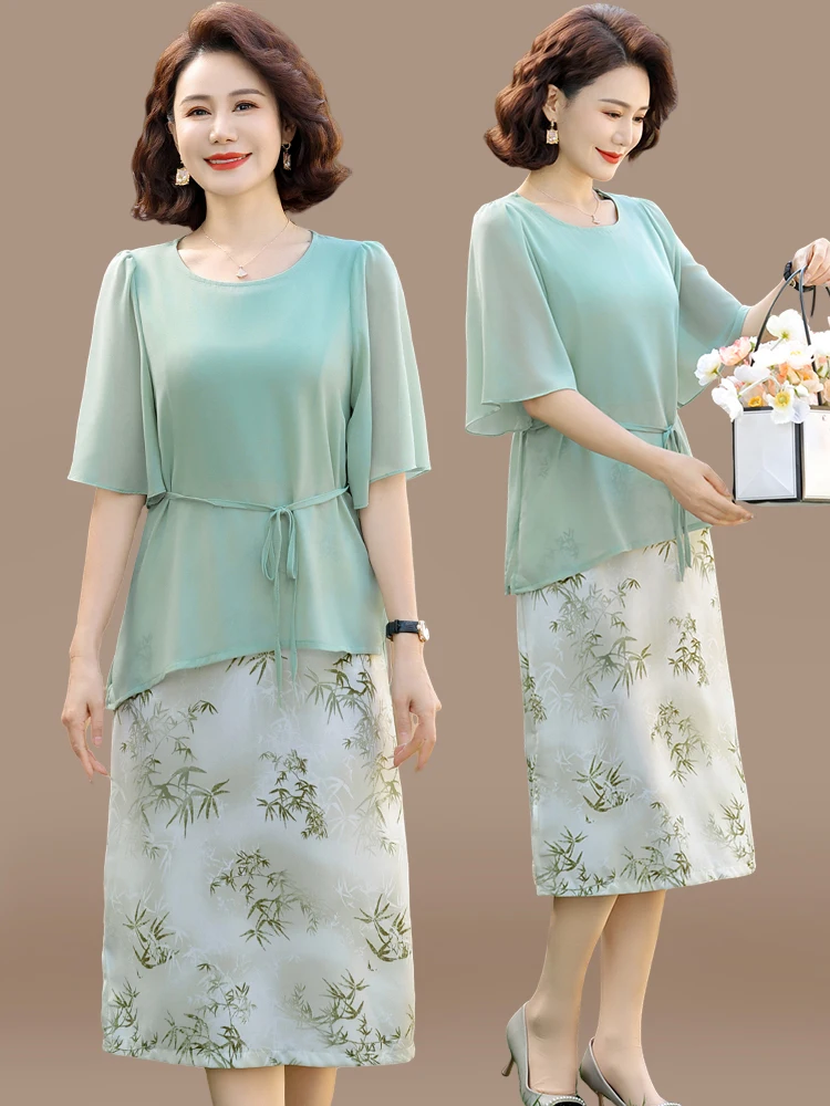 

Ele Summer Dr for Mom Mid-aged Women Chiffon Splicing Skirt Knowlable Sle Loose Fit round Ne ort Sve