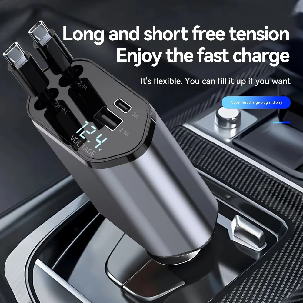 4 in 1 Retractable Car Charger 120W USB C Car Charger Adapter with 2 USB Ports Car Phone Charger for iPhone 16 15 Samsung