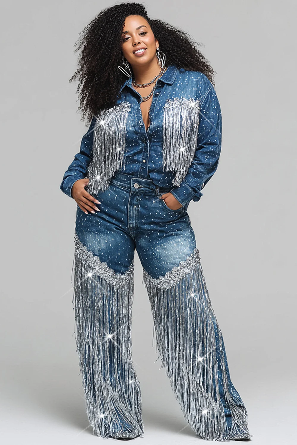 Giacca in denim casual con colletto a camicia, maniche lunghe e strappi, taglie forti, blu festival