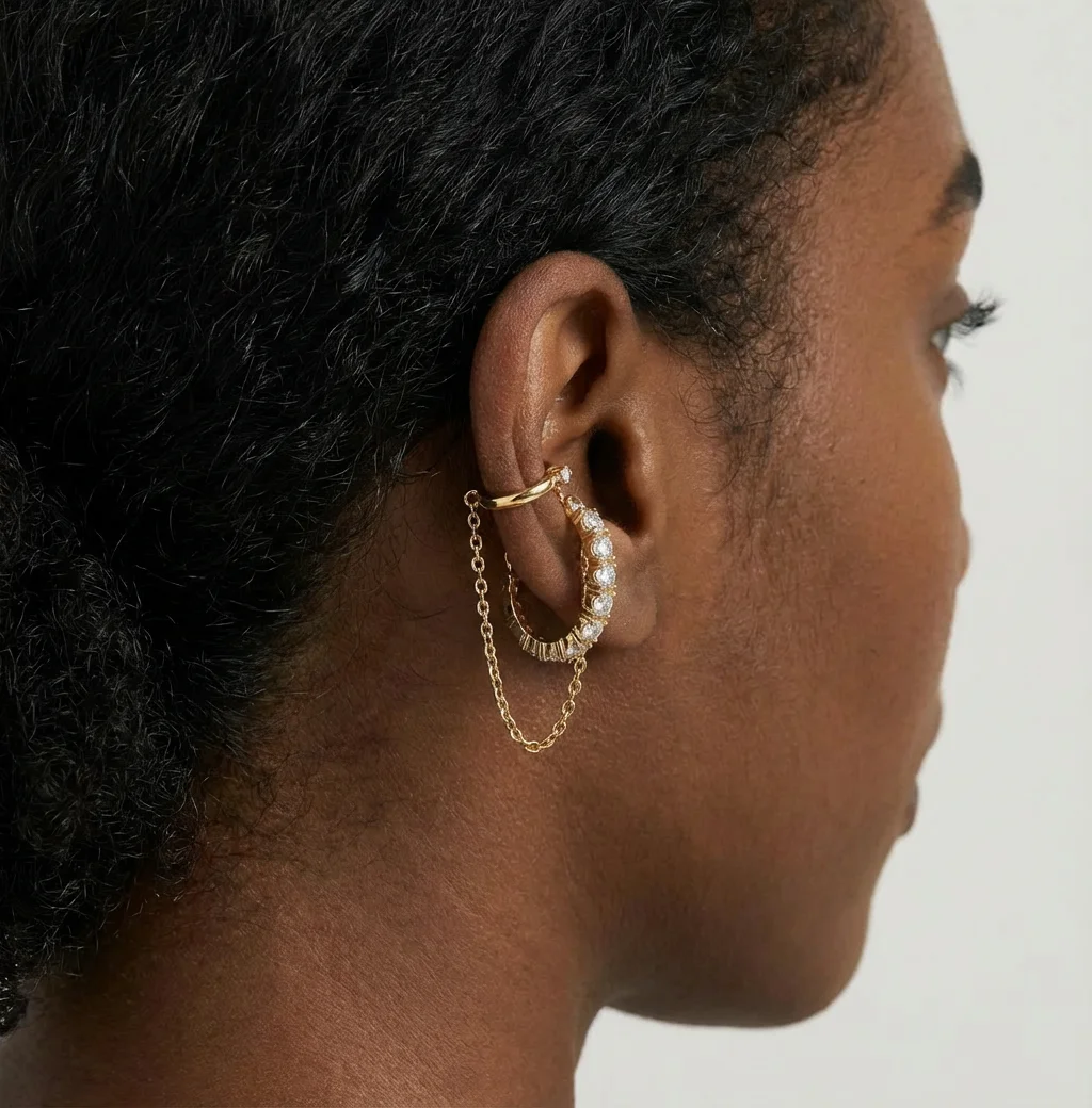 

Gold Plated CZ Zircon Tassel Chain Ear Clip for Women Gold Color Cartilage Fake Piercing Earring Trendy Fashion Jewelry Gifts