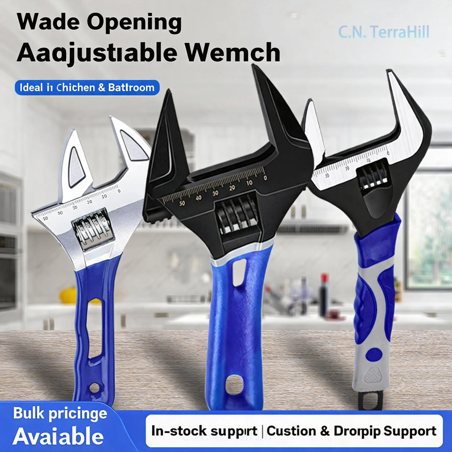 Adjustable Wrench with Rubberized Handle, Wide Mouth Pipe Wrench for Plumbing, Light Duty Short Handle Multi-Use Spanner