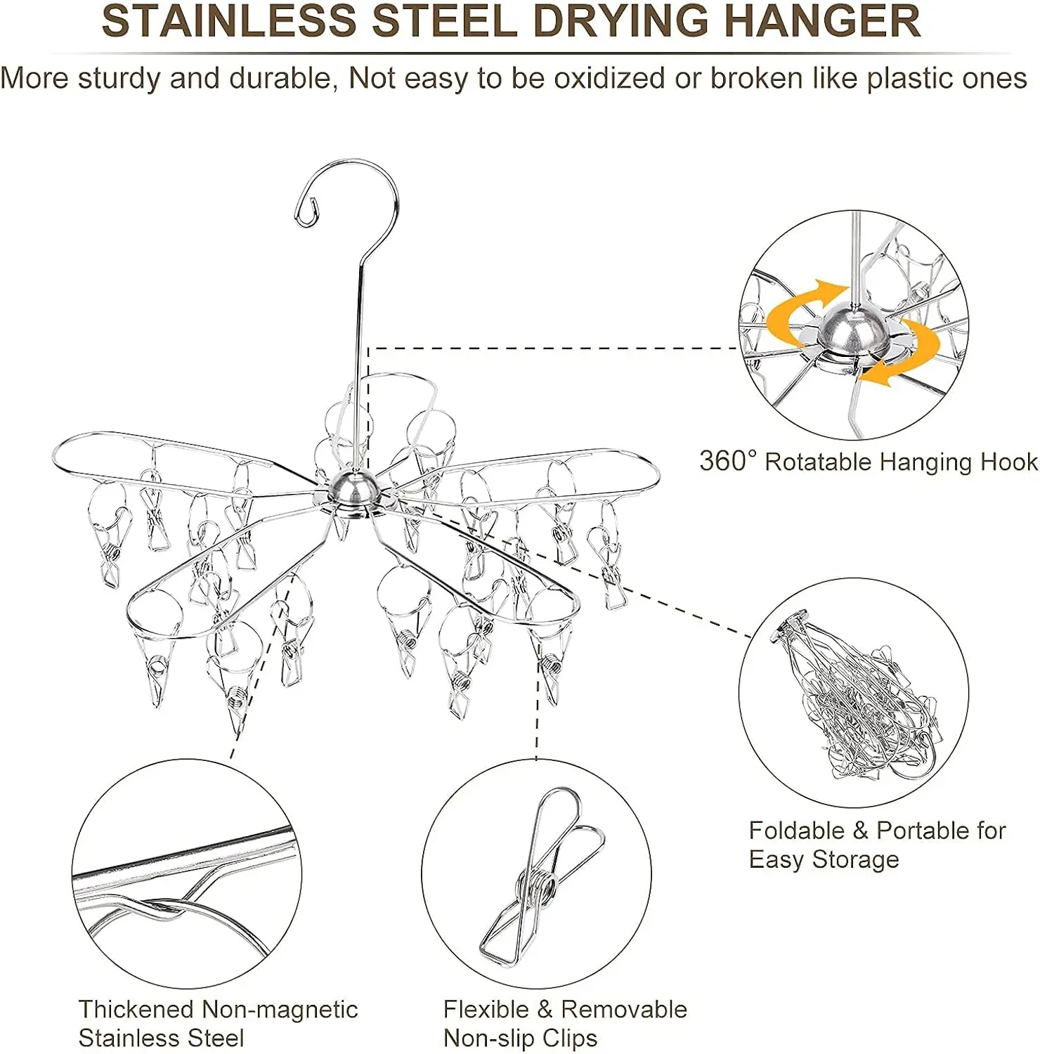 Picture 6: Foldable Clothes Drying Rack Stainless Steel Clothes Drying Hanger with 20 Clips, Laundry Hanging Dryer for Underwear, Sock, Bra