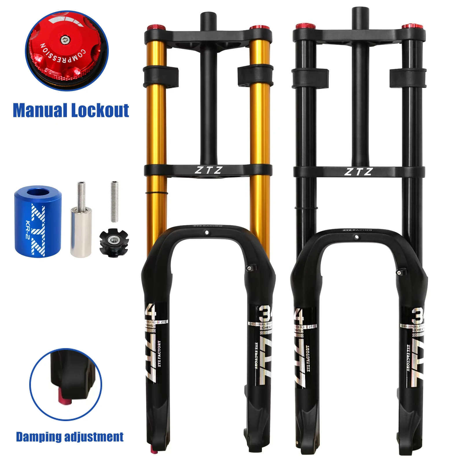 Fourche à air VTT ZTZ double suspension 20/26 pouces pour pneus larges 4.0, débattement 180 mm, rebond réglable, fixation rapide